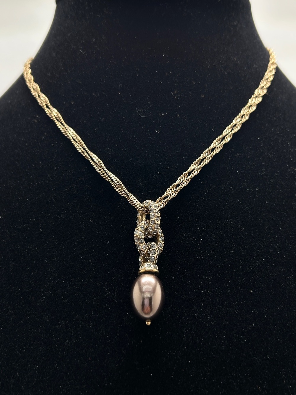 Monet, Vintage Double Gold Rope Chain Cocoa Pearl Crystal Pendant